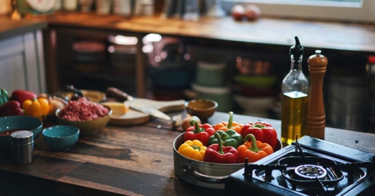 Busy kitchen with ingredients for a feast