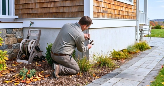 homeowner inspecting the exterior foundation of their home