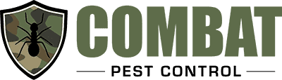Combat Pest Control company logo. On the left side is a shield with camo inside and a black ant in the center. On the left side is "Combat" in army green and "Pest Control" in a smaller black font underneath.